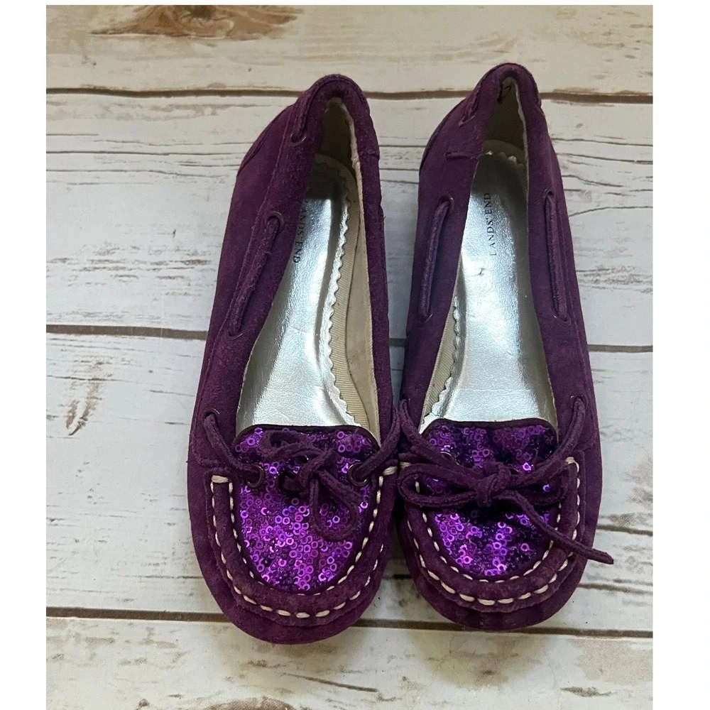 Lands End Moccasin Flats Purple Sequin Suede Bow Girls Size 13M
